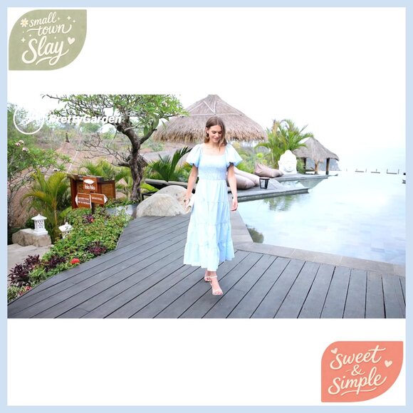 Women's Casual Midi Dress Puffy Sleeve Square Neck Smocked Tiered Ruffle - Picture 7 of 7